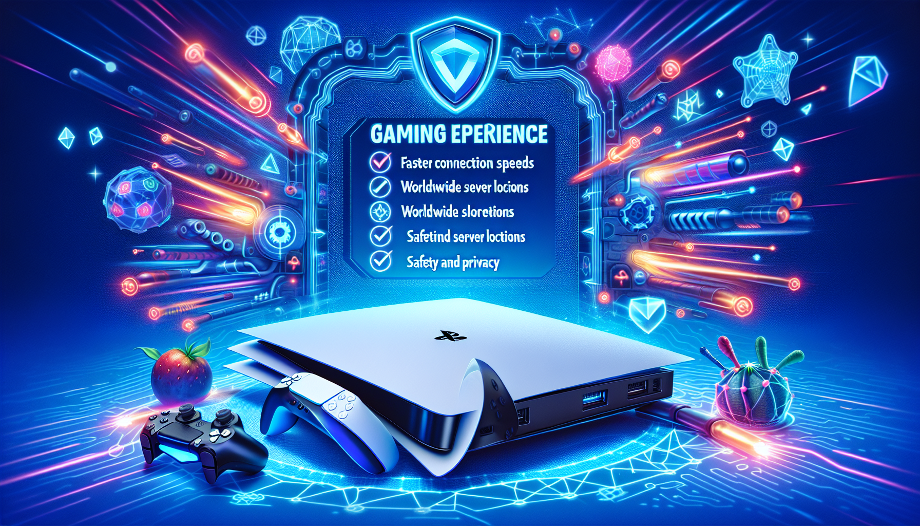 An image of a PlayStation 5 console next to which is placed a list detailing the features of the best VPNs for enhancing gaming experience. Illustrate the benefits like faster connection speeds, worldwide server locations, safety and privacy. The background should be of an exciting gaming scene, filled with a vibrant and dynamic atmosphere, representing an enhanced gaming experience.