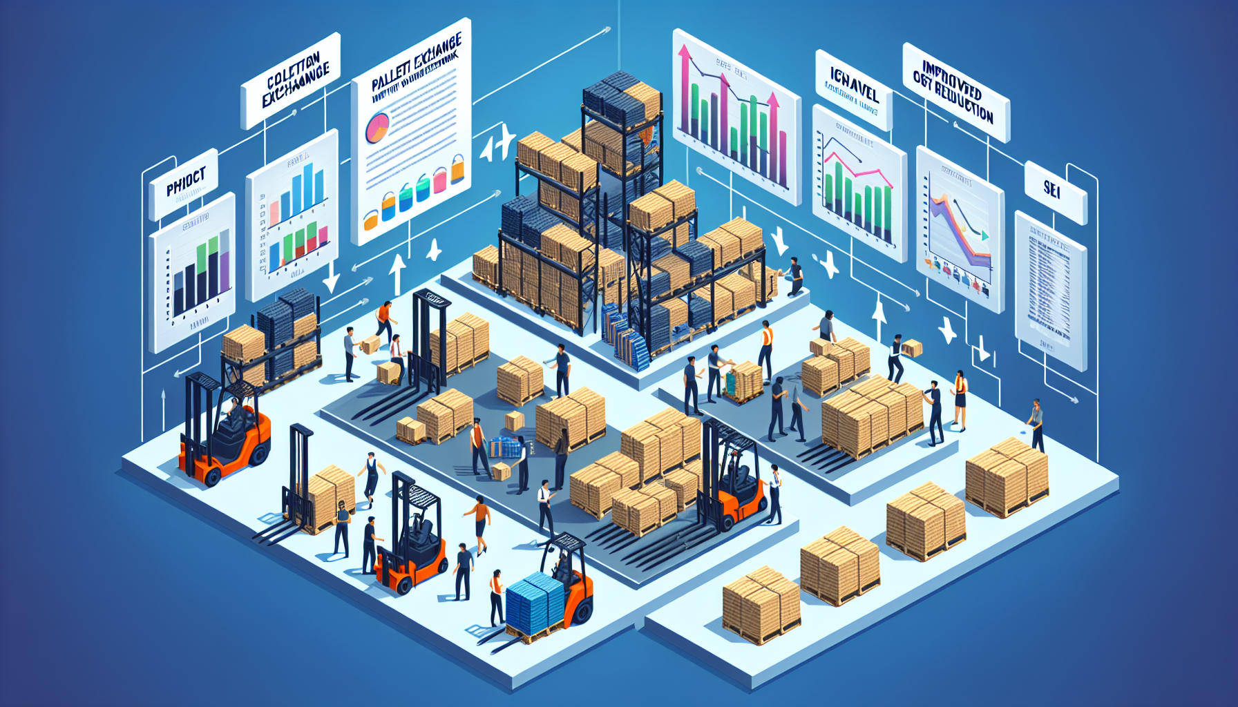 Visual representation of the benefits of a Pallet Exchange within the SEI Network. The image should depict various stages of the process, including collection, exchange, and re-distribution of pallets across the network. It should include people of diverse descents and genders using the exchange and working in the warehouse to demonstrate inclusivity and diversity in the workplace. Also, include graphs or charts that show improved efficiency and cost reduction resulting from the exchange. The setting should be a warehouse with pallets stacked in an orderly manner, with forklifts in action.