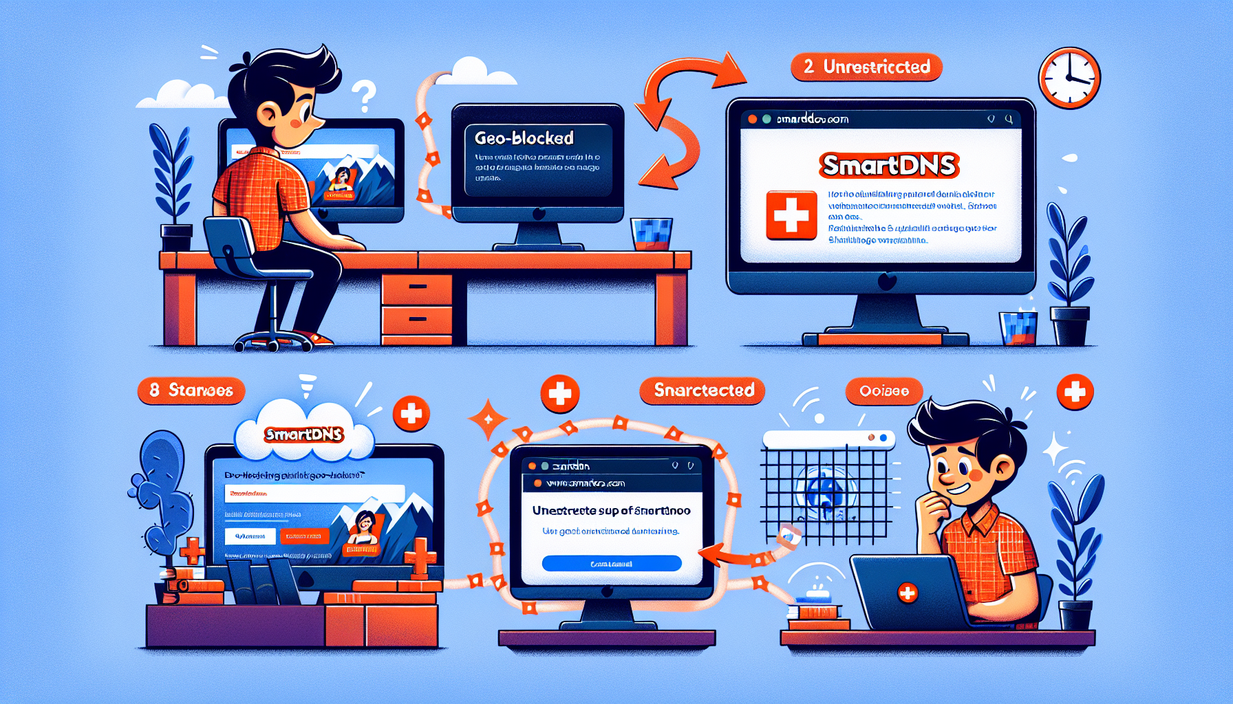 An illustration of the process of unblocking Zattoo Switzerland using SmartDNS. It starts with a user sitting at a desk with a laptop. The computer screen shows the geo-blocked Zattoo message. The user has a confused expression. Then, the user is shown googling SmartDNS. Finally, after successful setup of SmartDNS, the user smiles as they watch unrestricted content on Zattoo. Include detailed images of the computer screen, the SmartDNS setup process and the final unrestricted Zattoo screen.