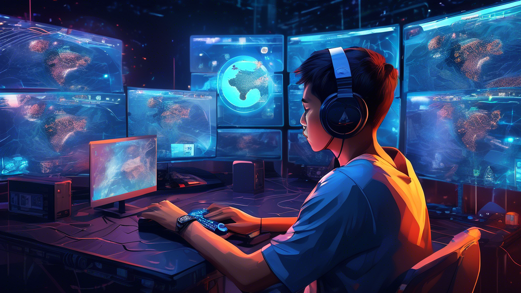 Detailed digital art of a person in the Philippines using a PS4 connected to a global network of VPN servers, showcasing a blend of traditional Filipino elements and futuristic gaming technology.