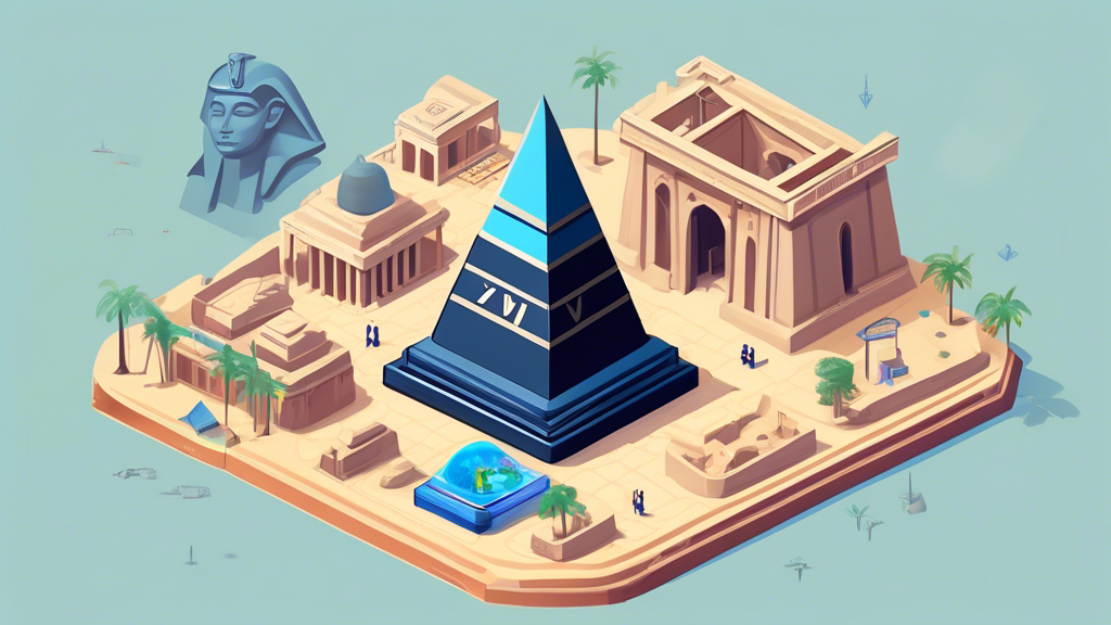 An illustrated step-by-step guide showing the process of setting up a VPN connection on a PS4 console, surrounded by iconic Egyptian landmarks.