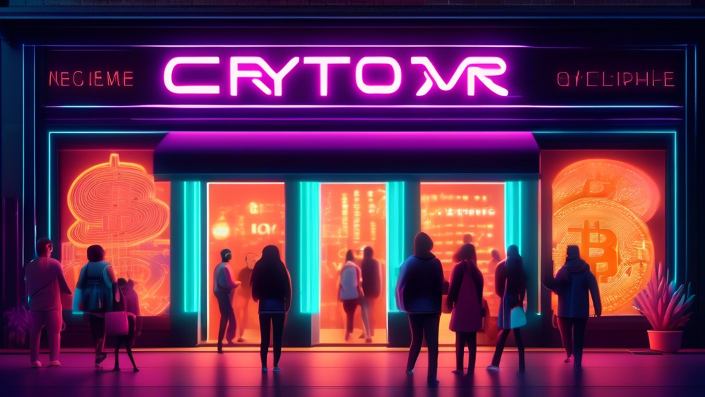 An abstract digital storefront glowing with symbols of Bitcoin and Ethereum, attracting a diverse crowd of futuristic shoppers under a neon sign reading 