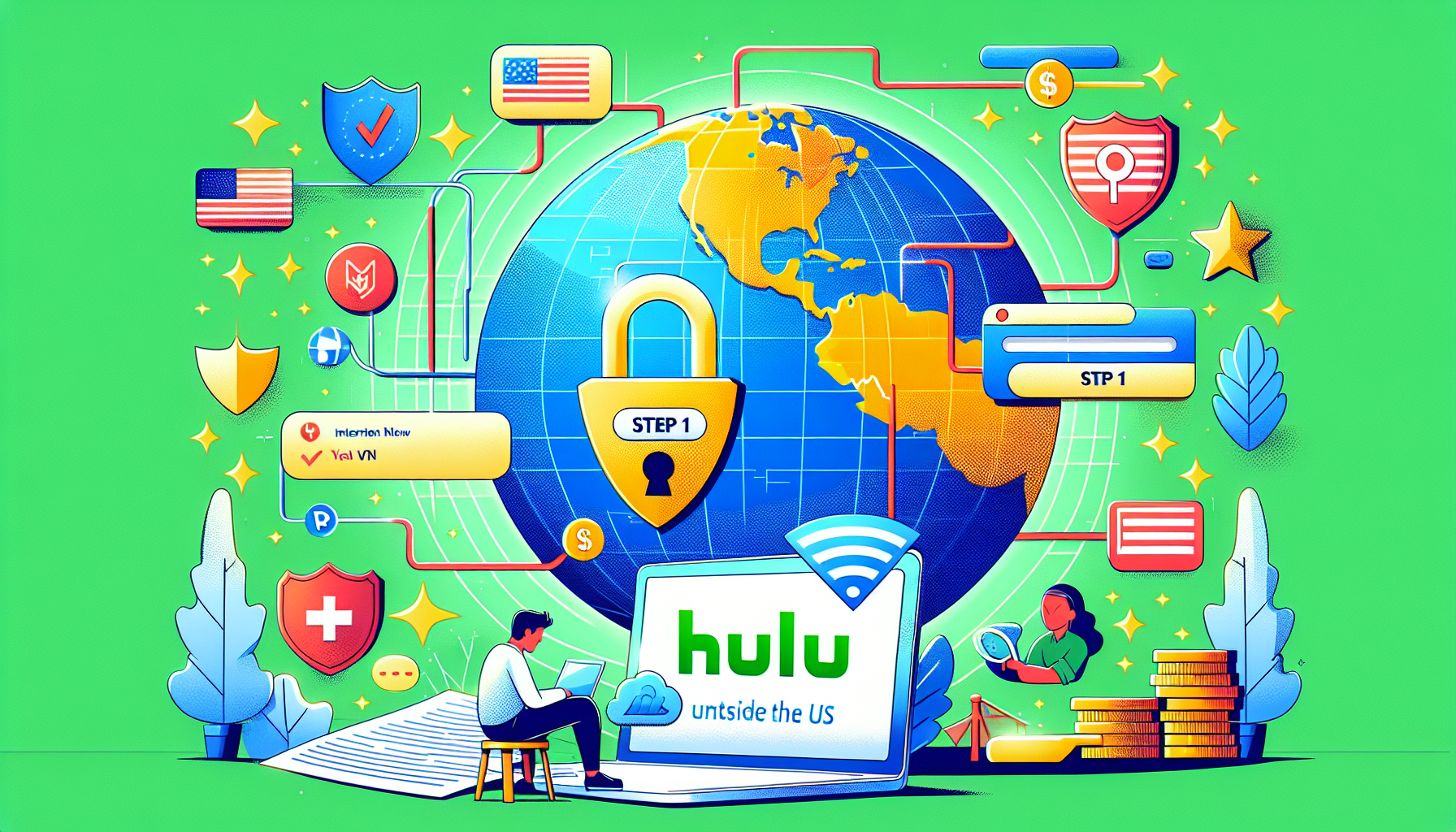 Illustrate a visual guide on how to access Hulu outside the US. Show a globe with brightly marked countries. Also depict an internet user in front of a laptop, the laptop screen showing the Hulu logo. Highlight the VPN usage using a symbolic representation, a lock or shield perhaps. Add some captions like 