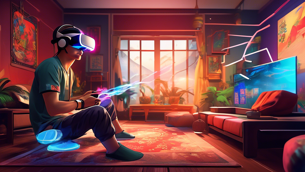 An illustrated scene of a gamer using PS4 with a virtual reality headset in a living room decorated with Vietnamese cultural elements, surrounded by protective digital shields and colorful VPN connection streams.