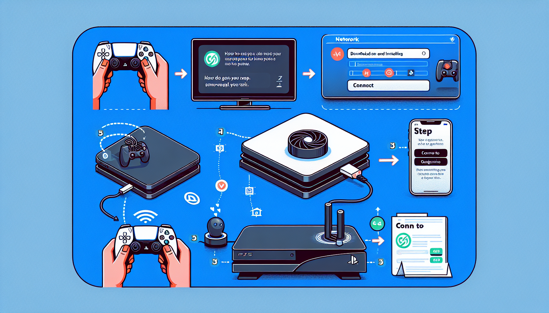 A detailed step by step guide showing how to set up ExpressVPN on a PS5 gaming console. The guide should show the entire process, starting from powering on the PS5 console, navigating to the network settings, downloading and installing the VPN app, configuring the VPN settings and finally connecting to a VPN server. The image should be informative and user-friendly, highlighting each step clearly with visual cues.