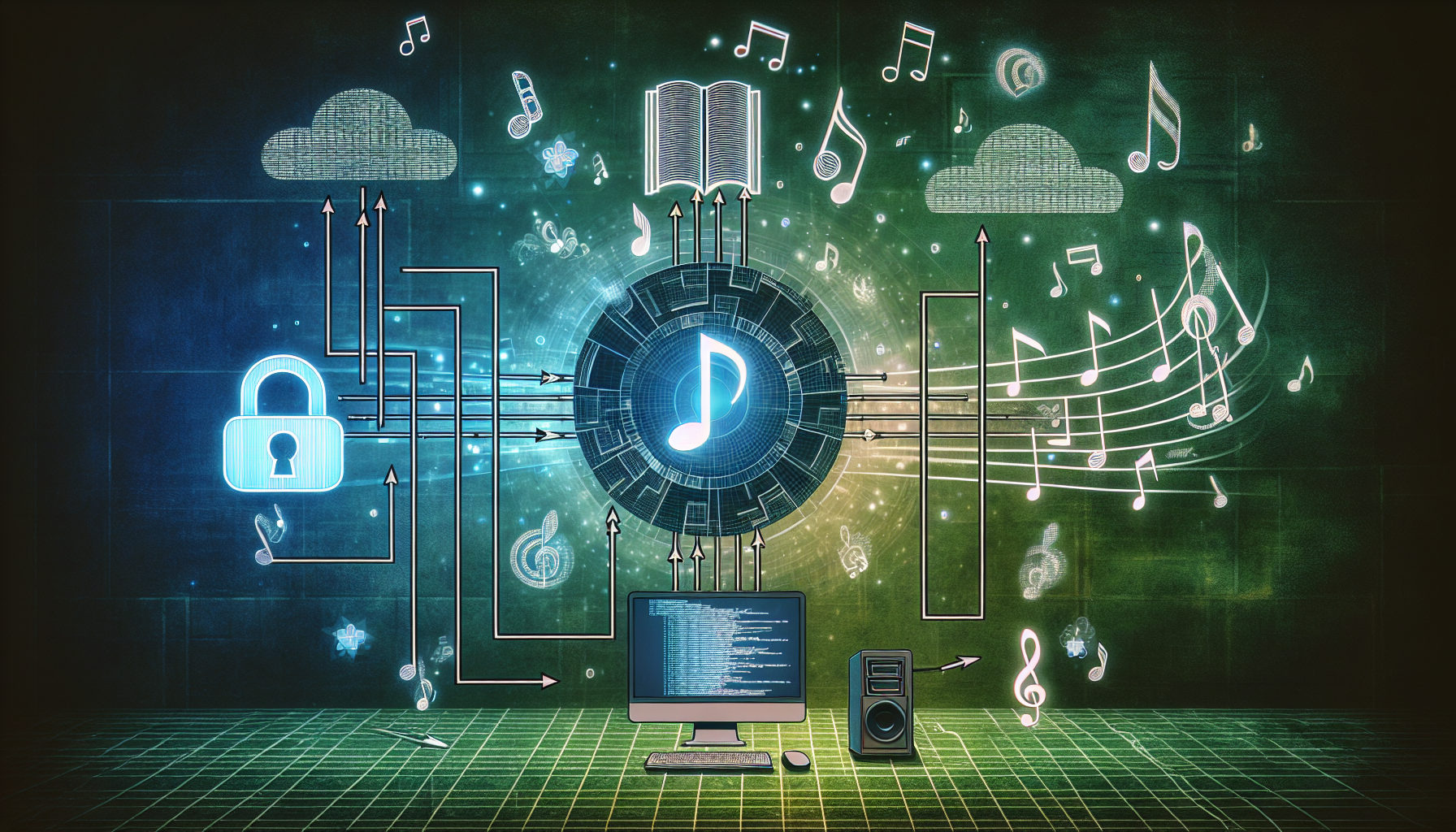 A conceptual diagram representing the process of unblocking a generic music streaming service. In the image, there will be visual elements such as a locked music note icon signifying the blocked service, a computer system displaying lines of code symbolizing the process, and then a music note flying freely to depict the unblocked service. All these elements should be connected by arrows to signify the process, and there should be lush shades of green and blue in the background to evoke a sense of tranquility associated with listening to music.