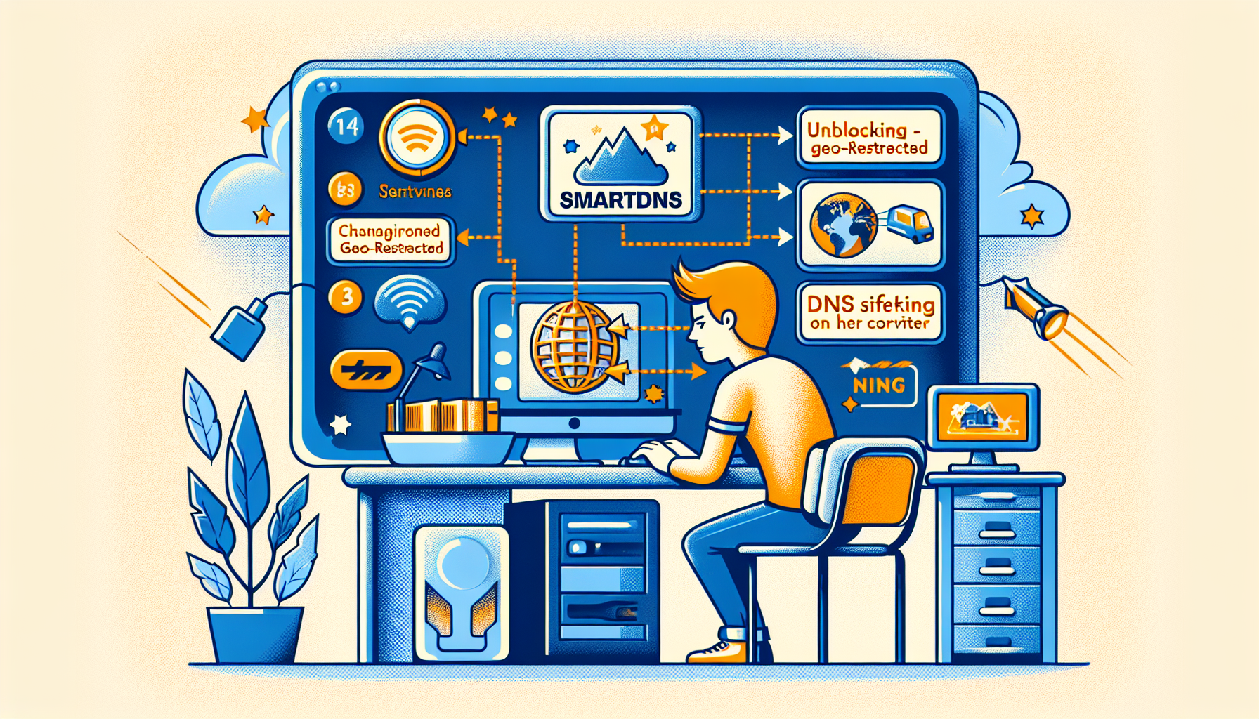 Illustrate the process of unblocking a generic geo-restricted online streaming service using SmartDNS. Show a user at a computer, following written instructions - changing the DNS settings on their computer to those provided by the SmartDNS service and subsequently accessing the previously blocked content.