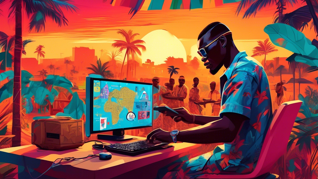 A digital illustration of someone configuring a VPN connection on a PlayStation 4 console amidst a vibrant, cultural backdrop of the Democratic Republic of the Congo.