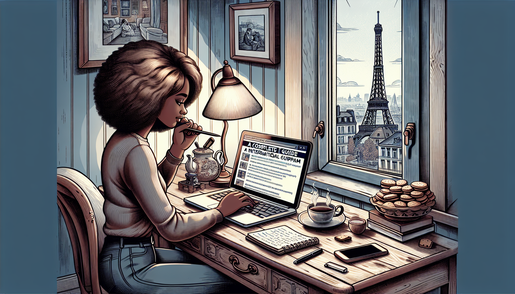 Illustrate a detailed scene of a young Black woman sitting in a cozy living room in Europe, using her laptop to navigate a step-by-step guide on how to access an international streaming platform, with the headline 