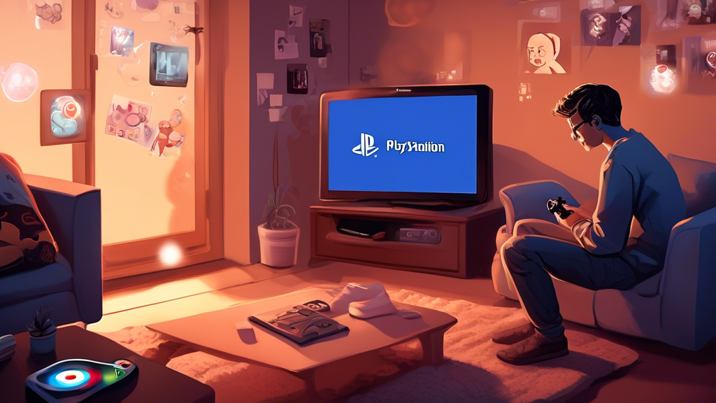 Digital painting of a person sitting comfortably on a sofa in a cozy room, holding a controller and looking at a TV screen displaying the PlayStation Network sign-in page, with step-by-step instructions floating around in thought bubbles.