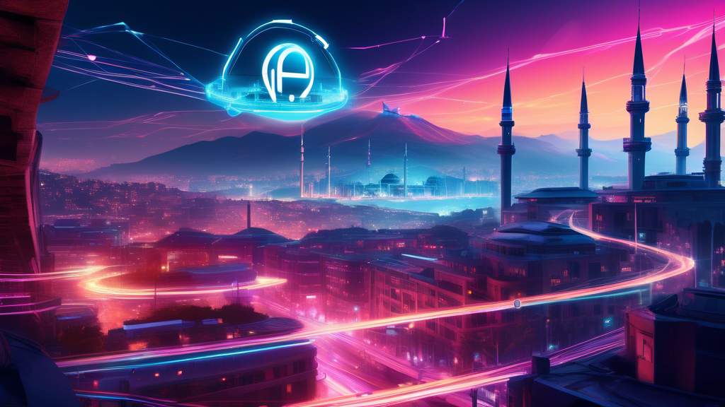 A futuristic digital painting showcasing a sleek and advanced VPN interface on a PlayStation 4 screen against the backdrop of iconic Turkish landmarks, illuminated by the soft glow of cybernetic connections and data streams.