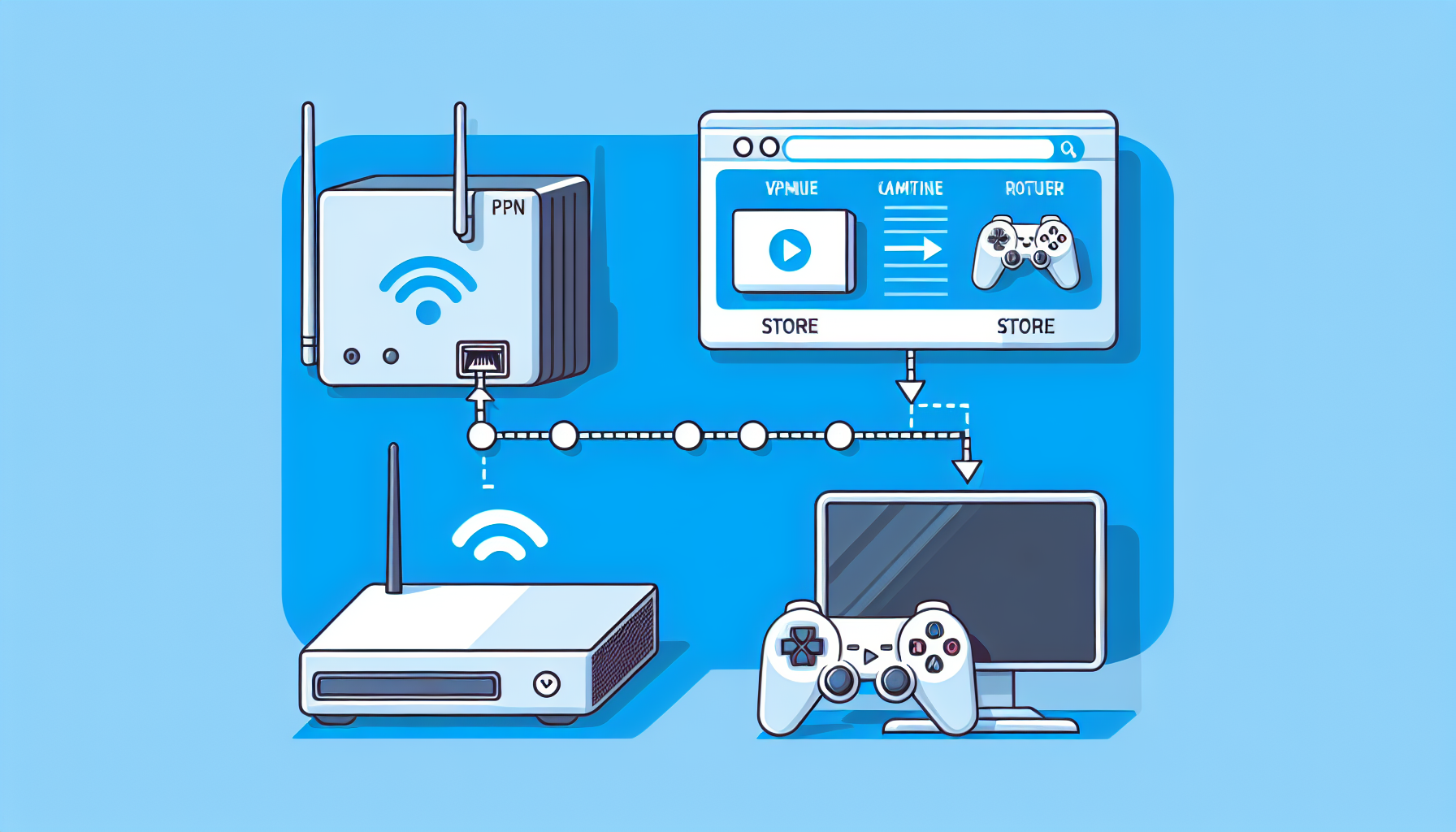 Illustration of a step-by-step guide showing the use of a Virtual Private Network (VPN) with a generic video game console