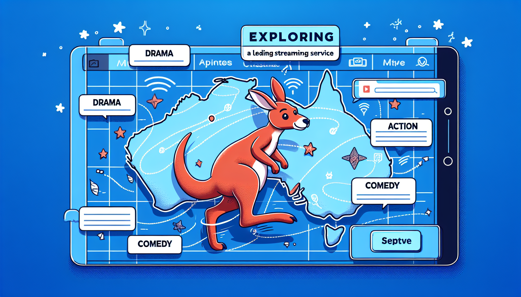 Illustrate an image of the concept of exploring a leading streaming service in Australia, represented with a kangaroo mascot navigating through various genres like drama, action, and comedy on a digital map. Note that the kangaroo should not be personified, it should be an animal navigating the service in a playful, metaphoric way.