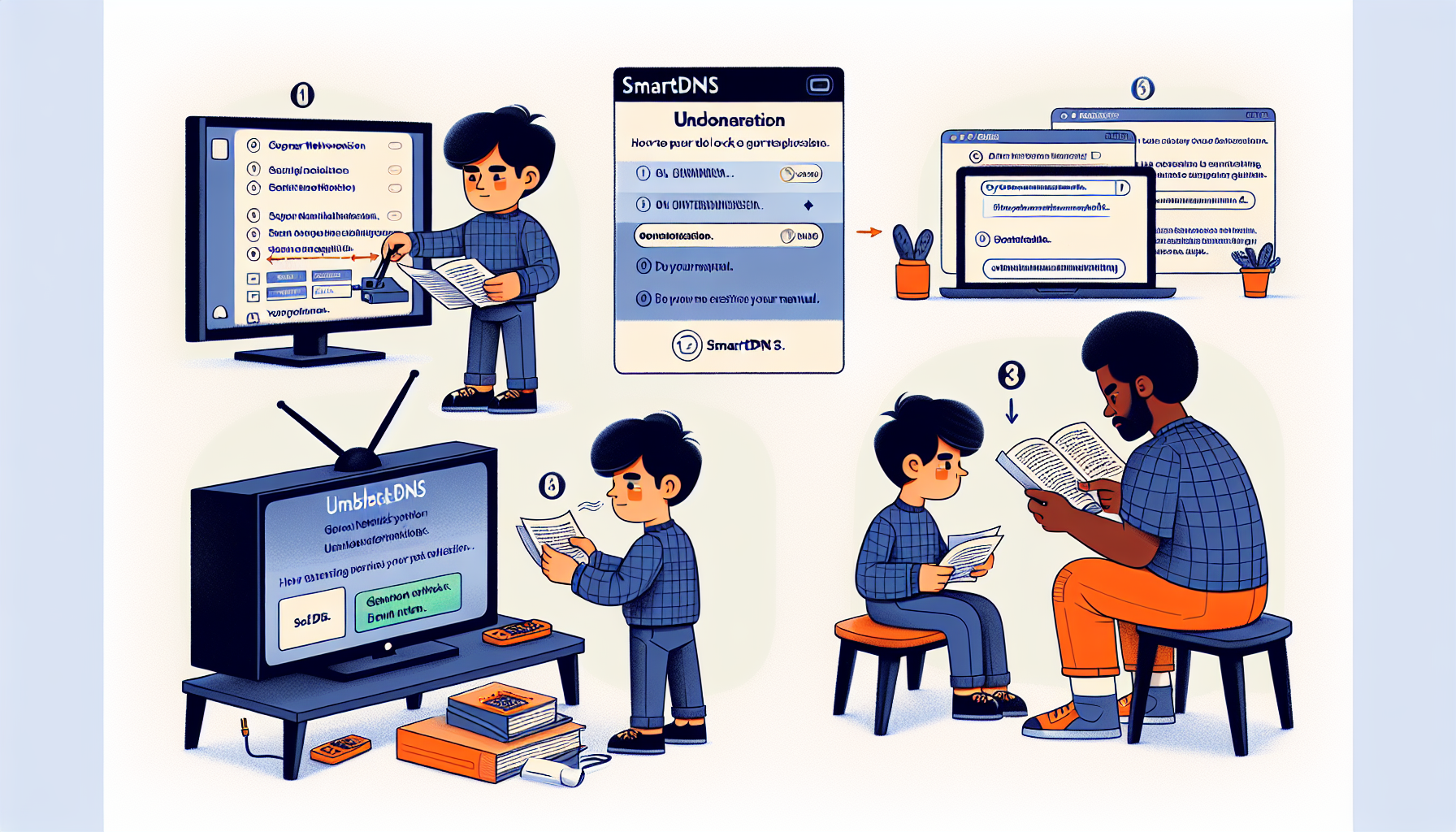 An illustrated step-by-step guide demonstrating the process of unblocking a general network television using SmartDNS. The scene shows a tech-savvy person with East Asian descent configuring their television set, another person of African descent following the instructions from a manual, and a laptop with SmartDNS settings on the screen. The expressions on their faces suggest concentration and diligence.
