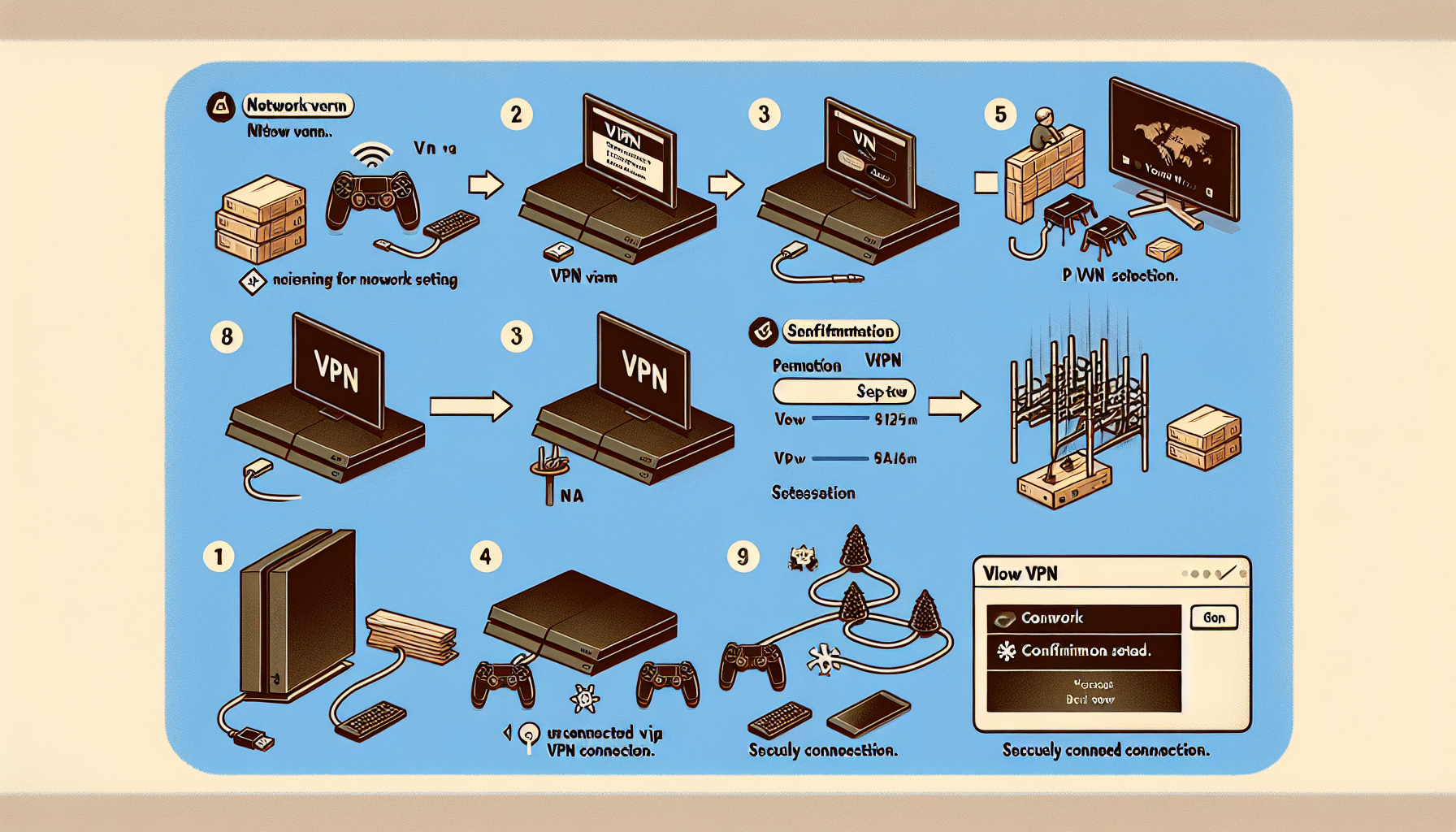 A visual step-by-step guide on how to set up a VPN on a next-generation gaming console. The image sequence starts with navigating the console