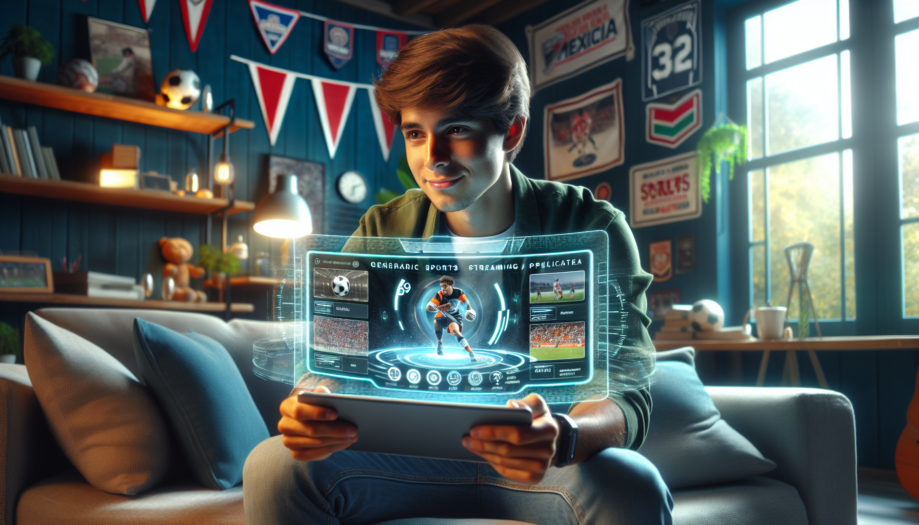 Image of a person based in Mexico, sitting in a cozy living room especially designed for a sports enthusiast. They are holding a futuristic tablet which is displaying an immersive interface of a generic sports streaming application. The person
