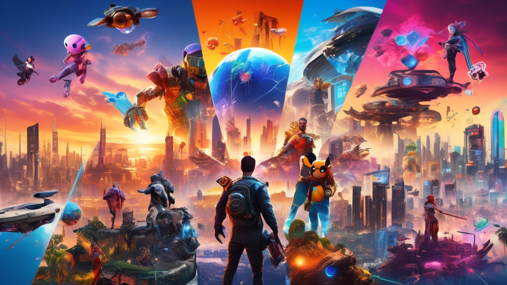 A vibrant and dynamic collage of iconic characters and elements from the top PS4 games of 2023, each character interacting with elements from their respective worlds, set against a futuristic city skyline at sunset.