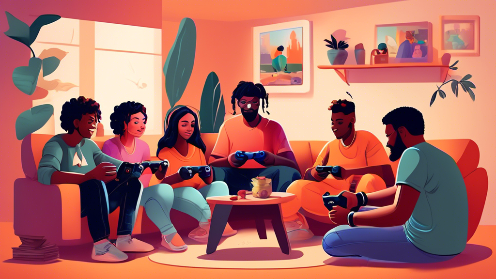 An illustration of diverse people sitting in their homes around the world, connecting and playing video games together online on their PlayStation consoles.