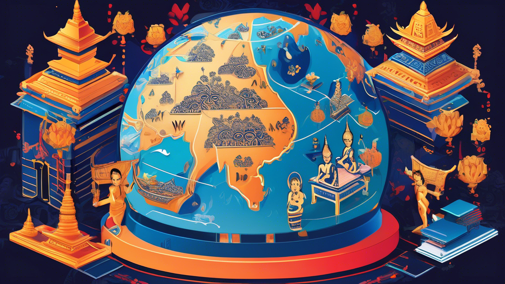 Illustration of a PlayStation 4 console surrounded by traditional Thai motifs and symbols, with a virtual private network (VPN) tunnel connecting it to a globe highlighting Thailand.