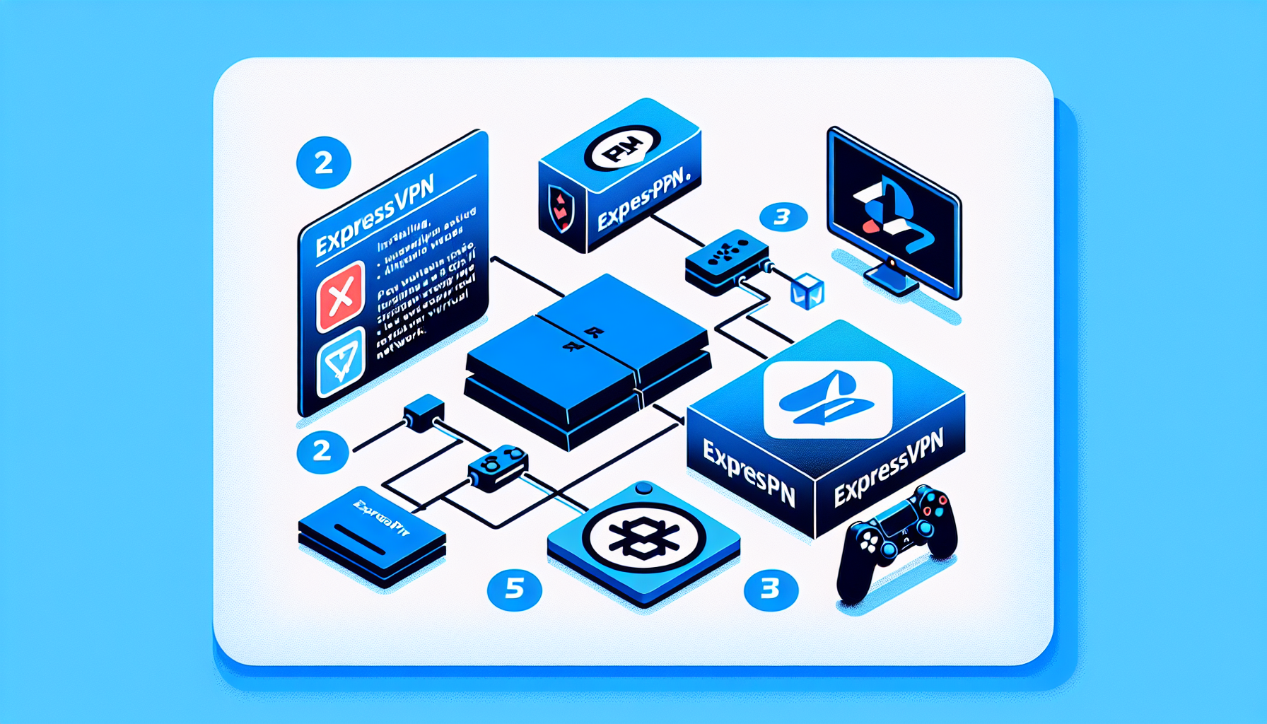 A detailed infographic showing instructions about configuring ExpressVPN on a PlayStation console. The guide starts from the initial installation of the app to the successful connection to a virtual network. It should display a separate icon box for each step, with text descriptions beneath. Additionally, depict a PlayStation console with the ExpressVPN logo on its screen, symbolising the successful setup of the VPN.