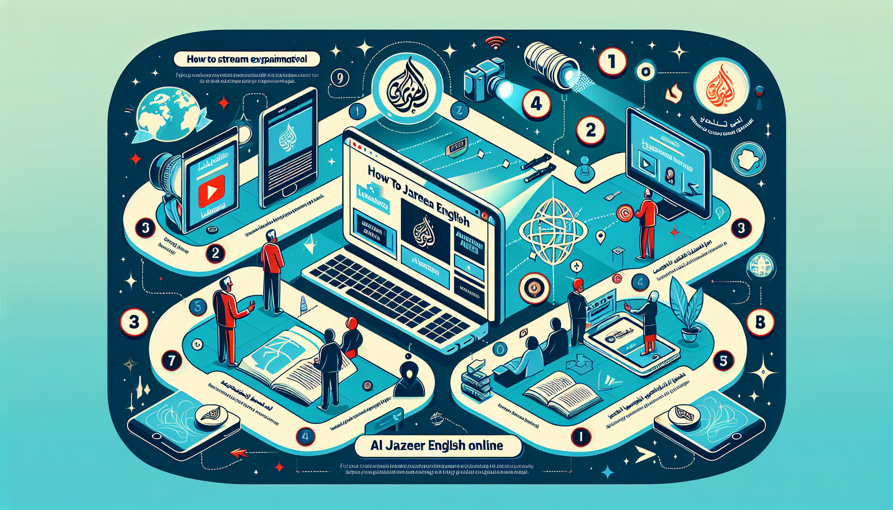A step-by-step explanatory infographic that visually guides a user on how to stream Al Jazeera English online. From finding the correct website, right down to selecting the appropriate channel, each step is visually represented with intuitive icons, user interface illustrations, and browser layout. The focus should be on easy readability and accessibility for a global audience. Please note this image is purely informative and not linked to any specific platform.