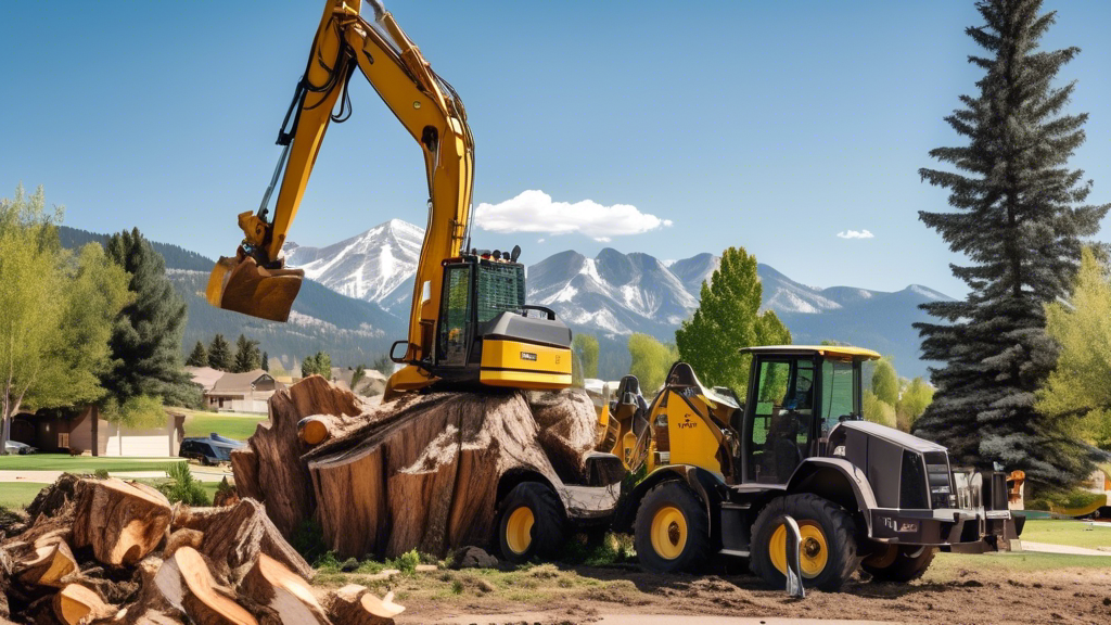 An expert team efficiently removing a large stump from a lush backyard in Denver, Colorado, with the Rocky Mountains in the background and specialized machinery in action, on a sunny day.
