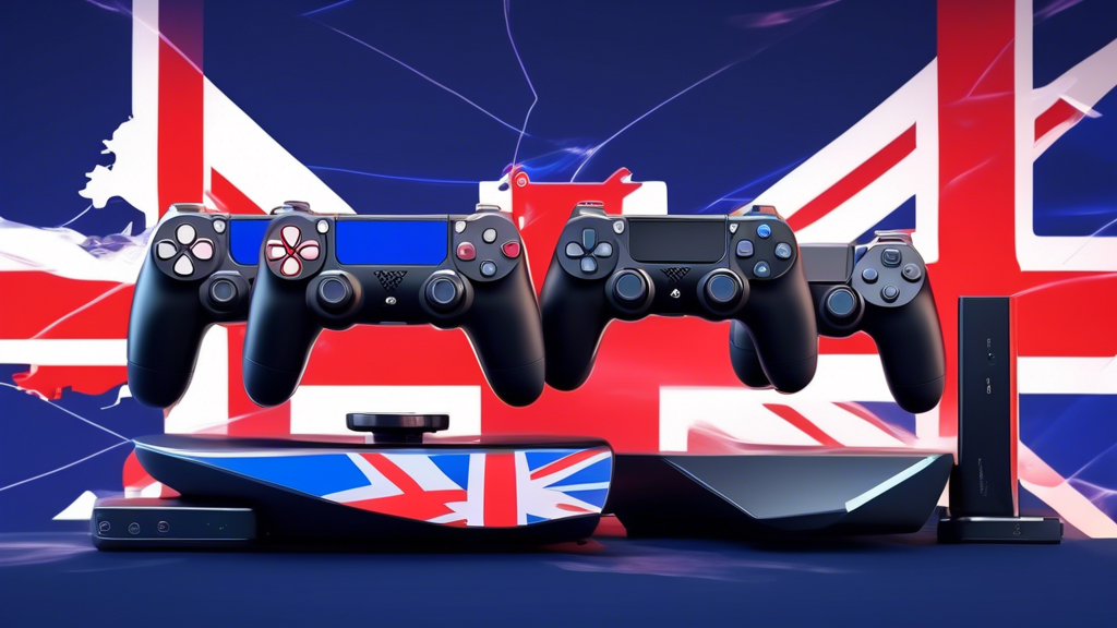 A group of sleek, futuristic VPN routers emblazoned with various British icons, PlayStation 4 controllers floating around them, all set against a backdrop of the United Kingdom