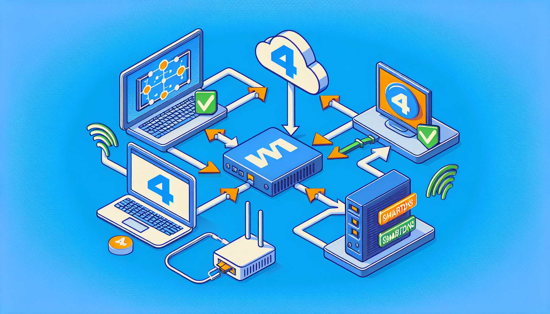 Demonstrate the process of unblocking Channel 4 using SmartDNS. Show a diagram of a network setup with a laptop, a modem, a SmartDNS server, and Channel 4
