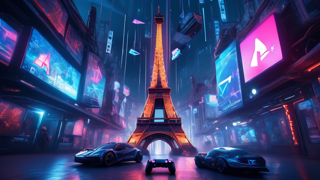 An artistic representation of the Eiffel Tower with a PlayStation 4 console and various VPN logos floating around it, in a futuristic cyberpunk Parisian setting.