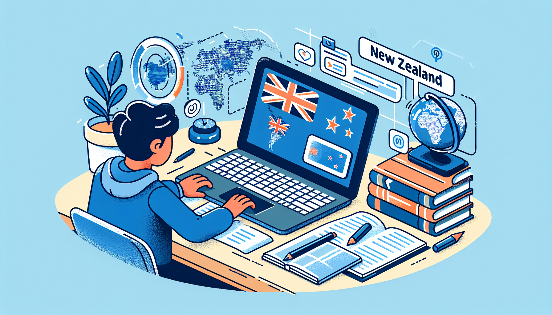 Illustration of a person using a laptop with an open map on the screen, displaying various countries including New Zealand. Show the person researching with books and papers, taking notes about how to access TVNZ from outside New Zealand.