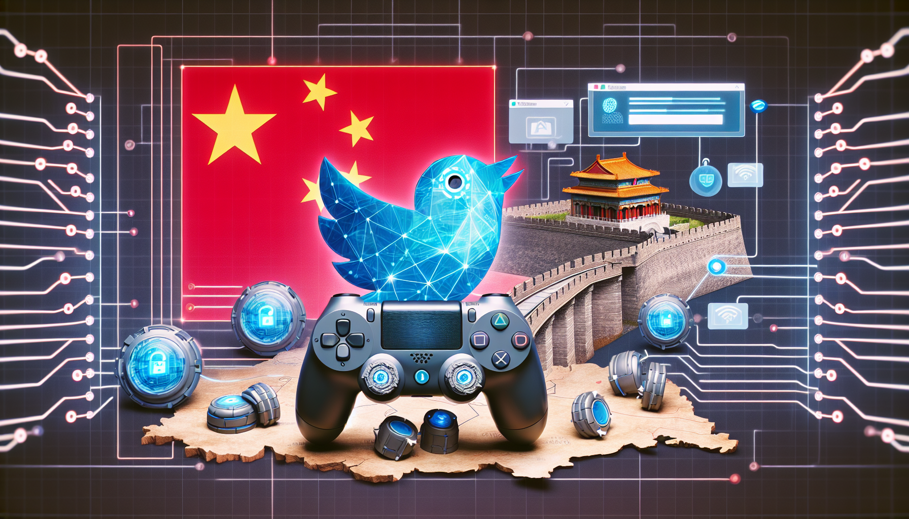 A step-by-step guide on how to unblock Twitter on a gaming console in China, depicting a contemporary gaming console controller, a symbolic representation of China such as a Great Wall segment, and the Twitter logo, all intertwined with software and network diagrams to portray the concept of unblocking. The background is a mix of technology and traditional Chinese motifs.