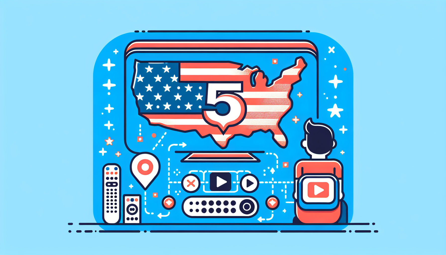 An illustrated guide showing a user in the United States watching Channel 5. The guide can include an illustrated depiction of the United States map, a generic television set and remote control, and navigational arrows or buttons. The Channel 5 logo is displayed on the TV screen. Please keep the design simple and clear to understand.