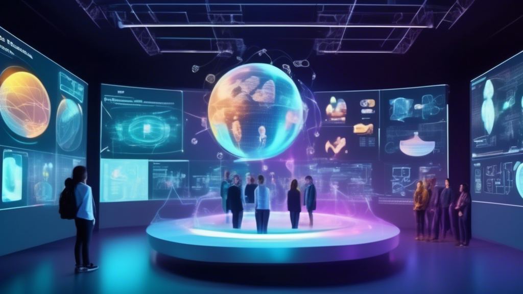 An imaginative digital classroom of the future with holographic projections and interactive AI teaching assistants, showcasing advanced technology for e-learning at Learntec conference.
