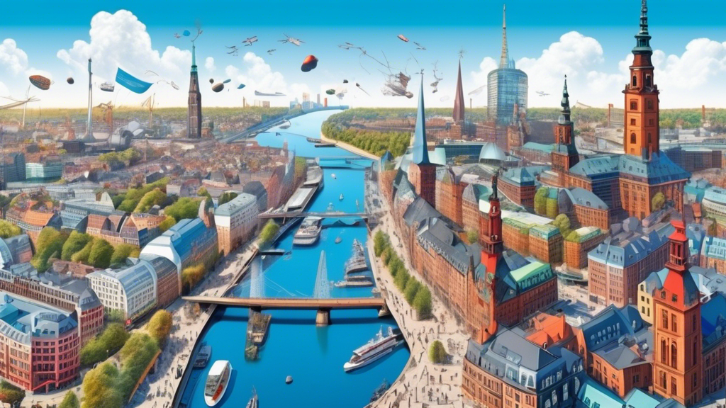 An artistic aerial view of the vibrant city of Hamburg in 2024, bustling with excitement for the Konferenztag, showcasing iconic landmarks and technologically advanced conference venues under a clear blue sky.