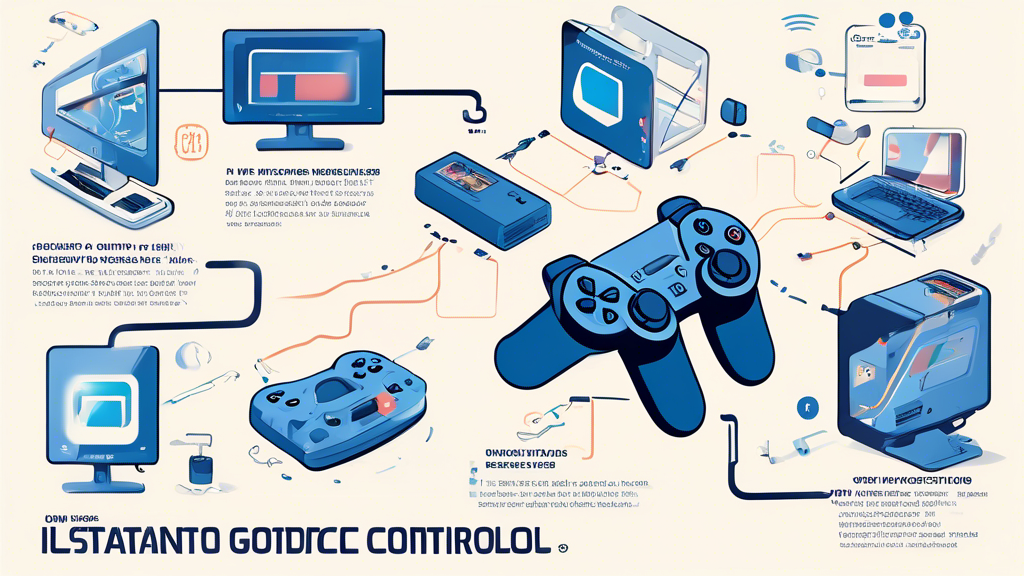 An illustrated guide showing a PlayStation controller being connected to a PC via Bluetooth and USB, with step-by-step instructions and computer and gaming icons surrounding it.