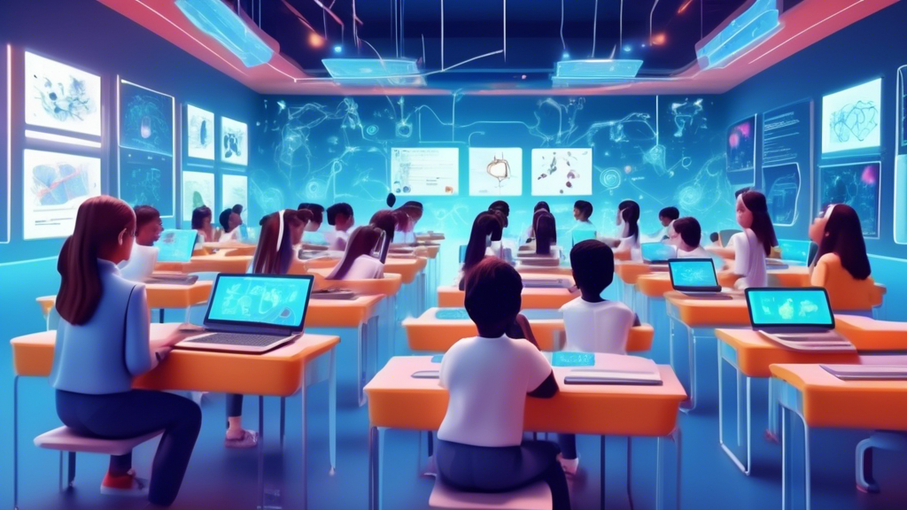 Digital classroom of the future filled with students using advanced AI technology for learning, with interactive AI assistants and virtual reality educational tools, showcasing diverse ways KI is integrated into education.