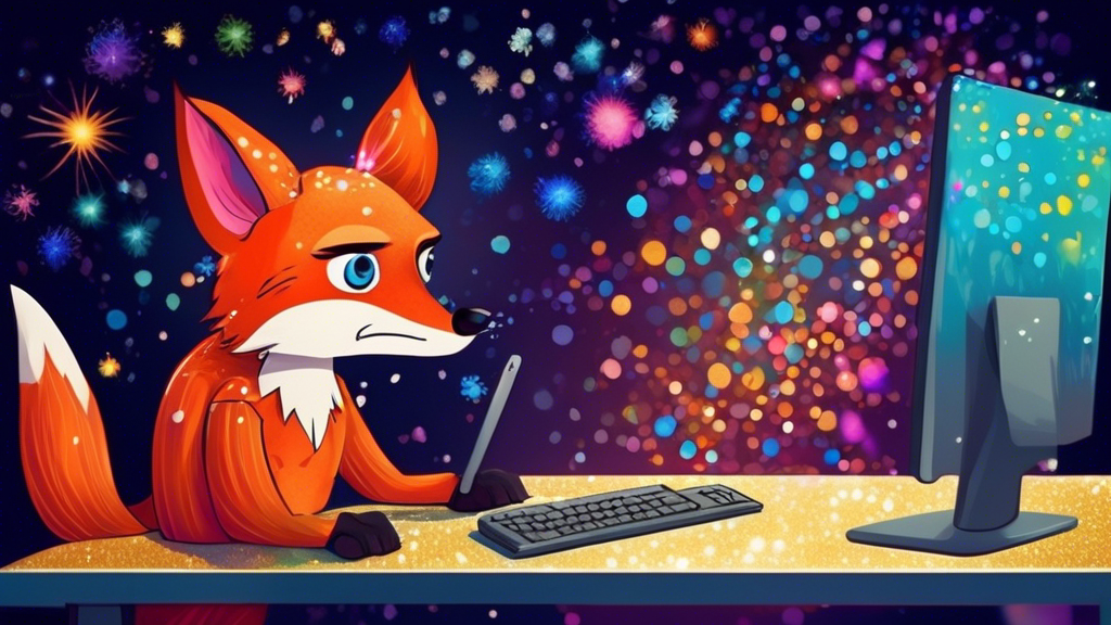 DALL-E, erschaffe ein Bild, das einen freundlich lächelnden Cartoon-Fuchs zeigt, der an einem Computer sitzt und mit einem Zauberstab auf einen glitzernden Bildschirm zeigt, auf dem ein buntes Online-Quiz-Fenster erscheint, umgeben von den Worten 