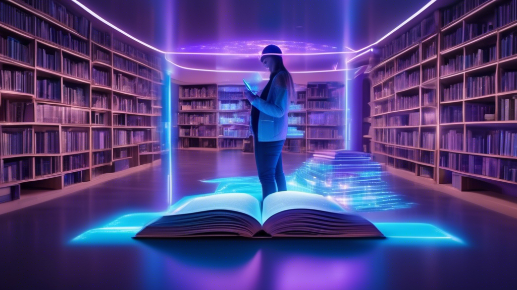 Eine futuristische Bibliothek mit Hologrammbüchern und virtuellen Lernräumen, beleuchtet von sanften blauen und violetten Lichtern, mit jungen Menschen, die durch Augmented Reality-Brillen interaktiv lernen.