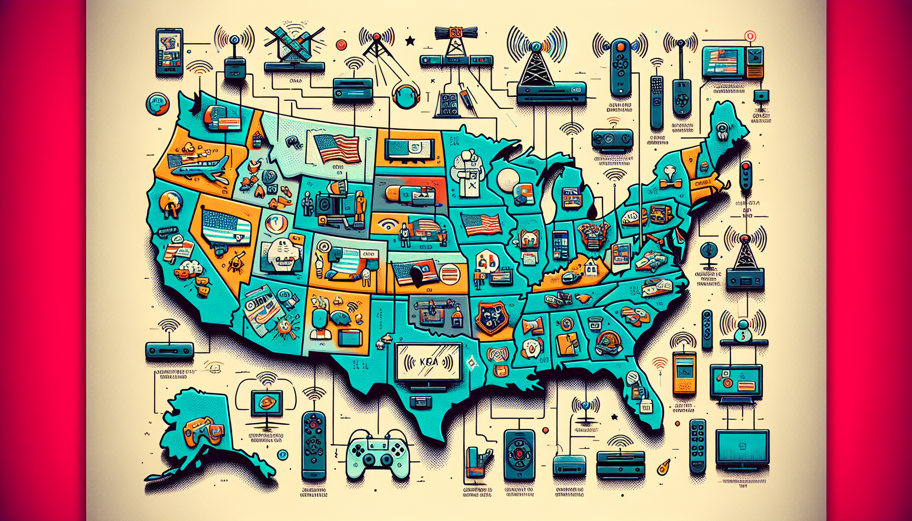 An illustrated map of the United States with broadcasting symbols over each state to represent the connected TV landscape. The map is surrounded by cartoon-style drawings of various digital devices like smart TVs, streaming sticks, and gaming consoles indicating their role in the Connected TV network. The titles 
