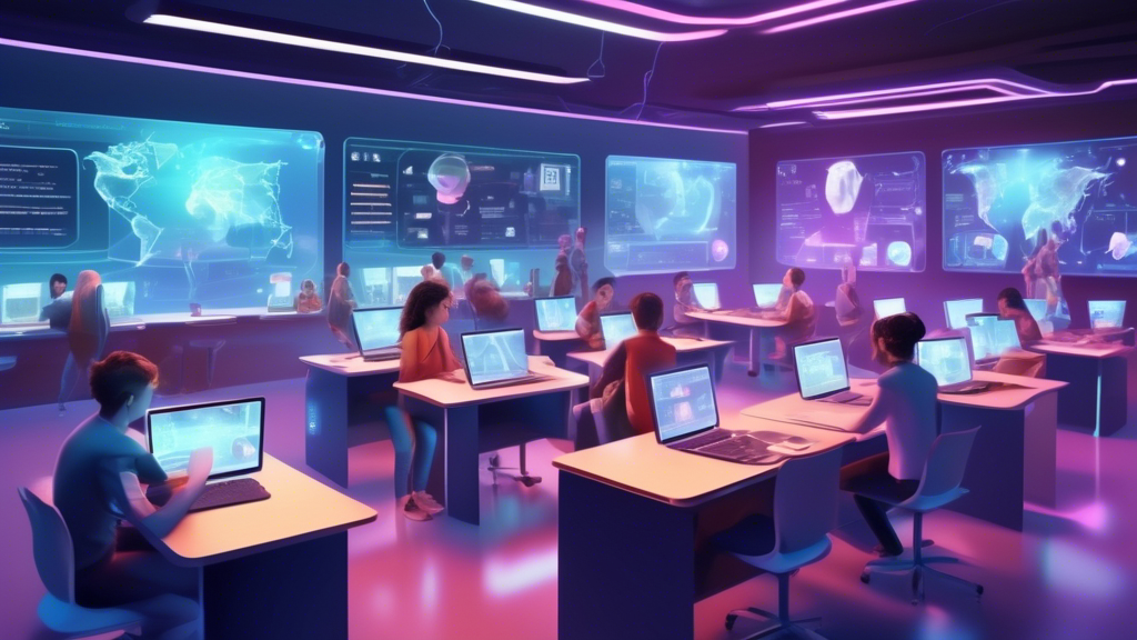 Digital illustration of a futuristic classroom with holographic screens displaying the Lern.Link-LMS interface, surrounded by eager students using various tech gadgets.