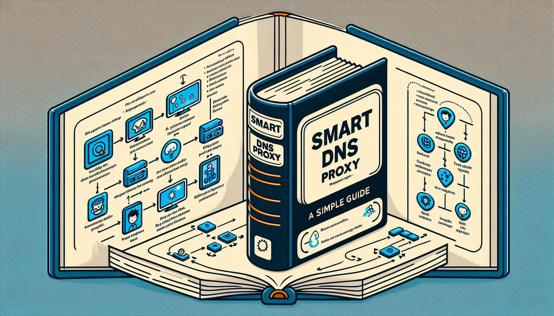 Illustrate an easy-to-understand guide of Smart DNS Proxy. The image should feature a large book, titled 