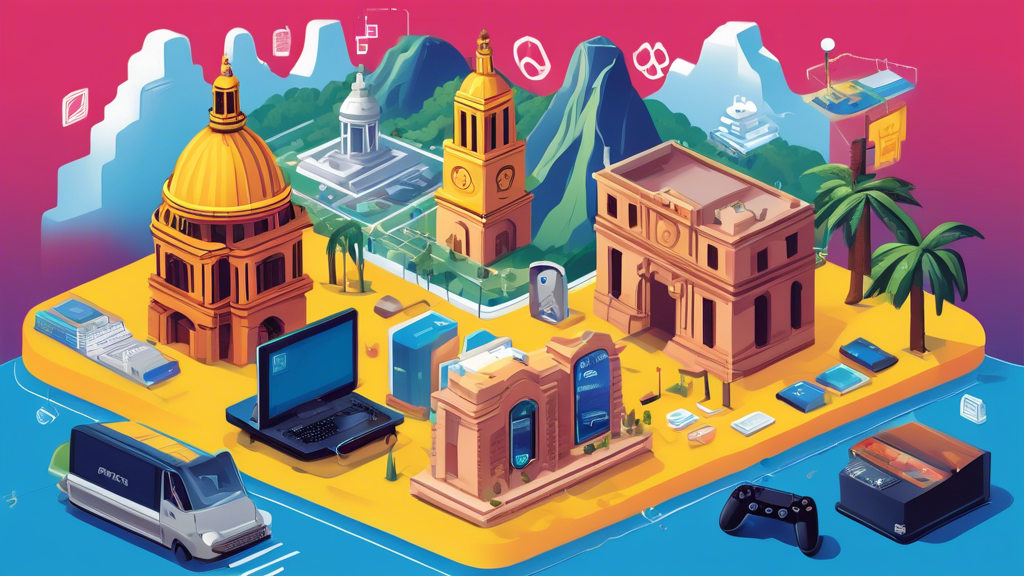 An illustrated guidebook cover showcasing the best VPNs for PS4 in Colombia, featuring iconic Colombian landmarks and a PS4 console surrounded by digital lock and key symbols.