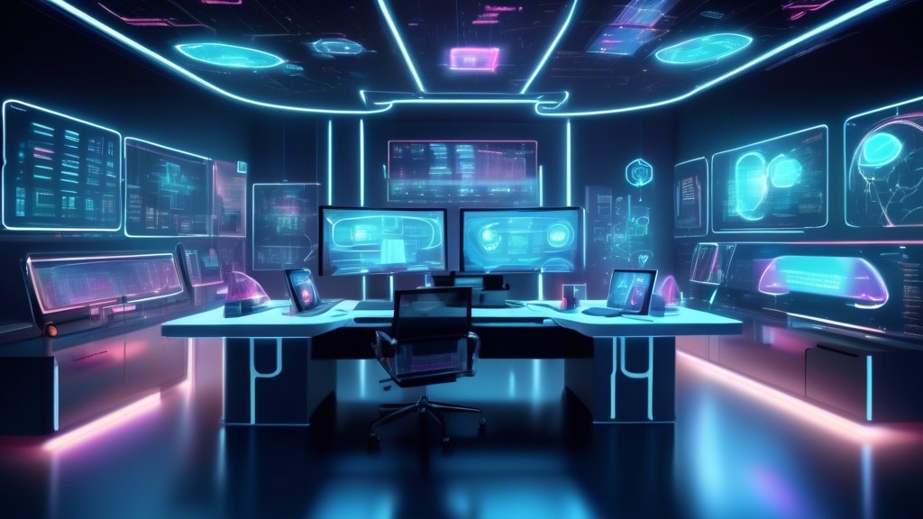 An image of a futuristic digital workspace with multiple screens, each displaying different AI tools and dashboards for affiliate marketing, with holographic projections of data analytics, in a high-tech office setting, year 2024 ambiance.