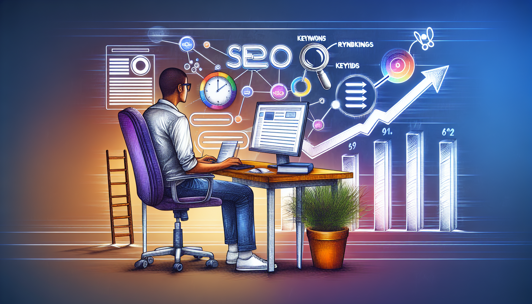 A vividly detailed illustration showing the successful implementation of SEO strategies with ChatGPT. The central figure of this image could be a person seated at a desk, engrossed in working on a computer. On the computer screen, visualize some elements of SEO and ChatGPT, like keywords, website rankings, and chat bubbles. In the background, depict an upward trend graph or a ladder, signifying the success and growth in SEO. Make sure the person is of Hispanic descent.