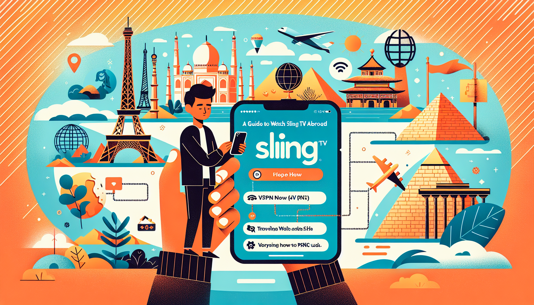An image showing a visual guide on how to watch Sling TV while travelling abroad. It illustrates a South Asian person holding a mobile device with the Sling TV logo on the screen. The background features various iconic global landmarks like the Eiffel Tower, the Great Wall of China, and the pyramids of Egypt. In the corner of the image, a side note provides instructions on VPN usage, symbolized by a small globe connected to a computer. Lastly, the image contains text saying 