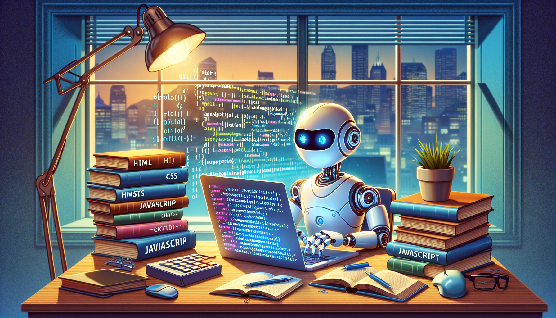 An image that portrays an introductory guide to AI in Web Development. The scene features books on HTML, CSS, and JavaScript stacked on a desk next to a laptop displaying binary code. In the corner of the scene, a robot is seen diligently typing on the keyboard, a clear representation of AI in the act of coding. A glowing light bulb overhead symbolizes the process of learning and new ideas. In the background, an open window showcases a view of a city with towering buildings, a symbol of the technological landscape.