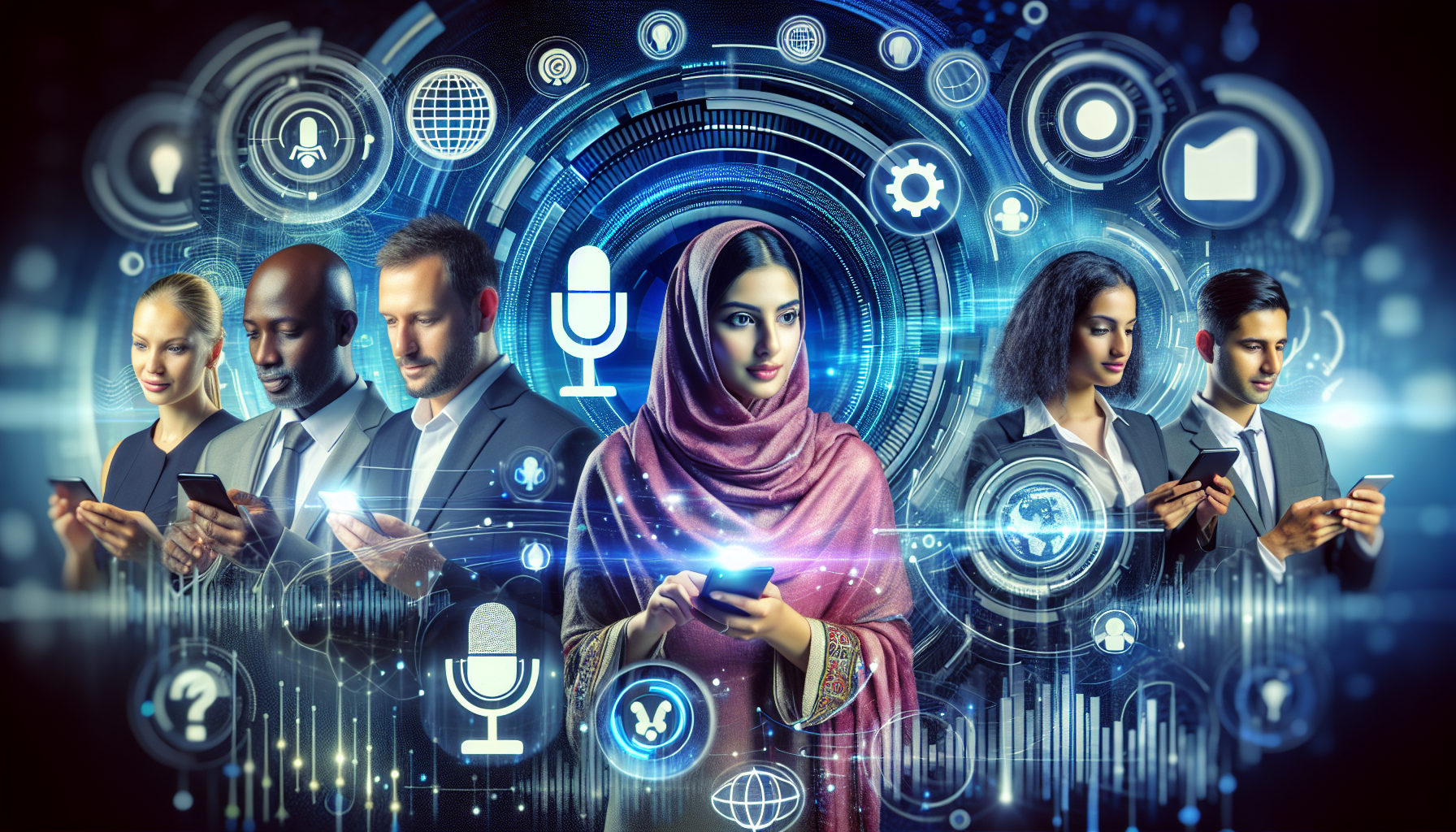 A conceptual representation of emerging trends in voice search technology. This might include a diverse group of individuals, such as a Middle-Eastern woman and a Hispanic man, using voice search on their smartphones. Around them, futuristic icons and data visualizations relating to the newest trends and advancements in voice search technology flow. This could include symbols of microphones, sound waves, mobile devices, and cloud computing. The image reflects a look into the future, yet maintains a sense of present reality, giving the sense of technology that is exciting yet approachable.