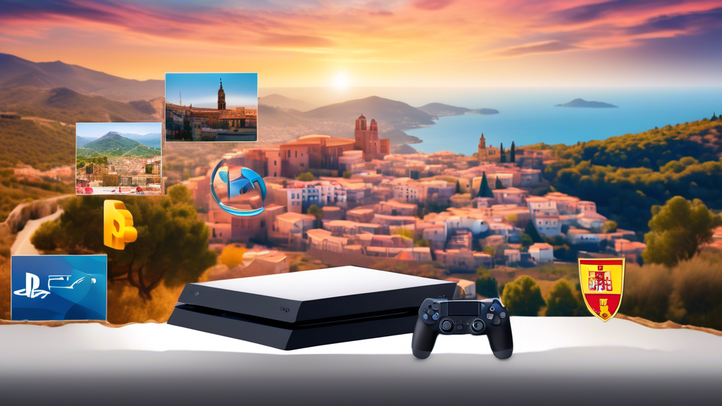 An illustrated montage displaying the top VPN logos superimposed on a PlayStation 4 console with a scenic view of Spain in the background, highlighting a seamless gaming experience.