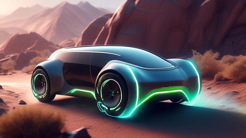 A digital illustration of a futuristic electric vehicle traveling effortlessly across diverse terrains, with a visible range indicator showcasing a fully charged battery and the distance it can cover.