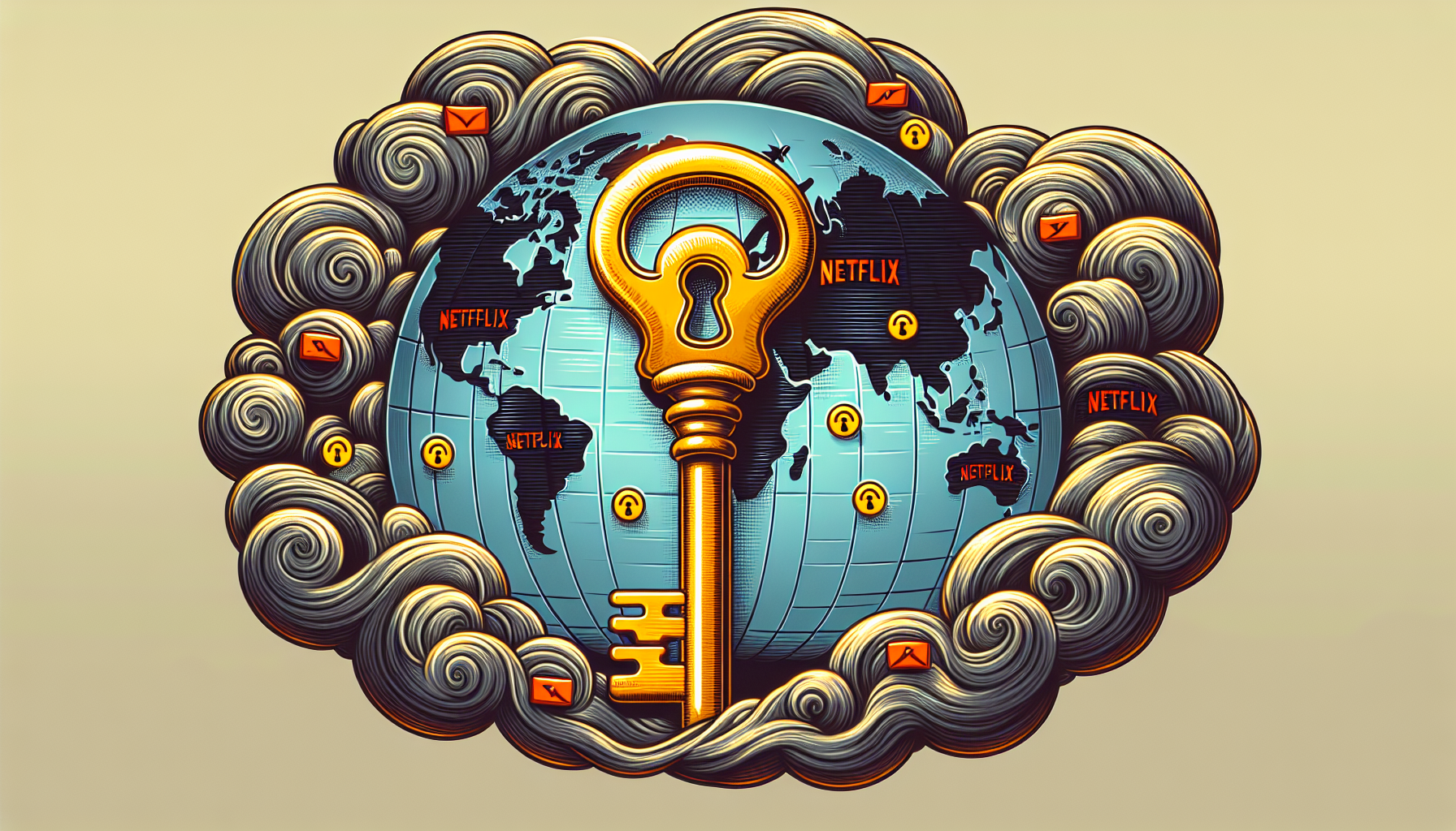 Illustration of unlocking a global map marked with Netflix symbols using a large, golden vintage key. This key is surrounded by a smoky, swirling cloud signifying a Smart DNS Proxy. Please note that the map should be stylized, not geographically realistic, without any specific countries identifiable.